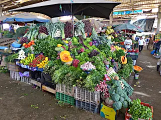 Gemüsestand auf dem Markt in Agadir mit einer großen Auswahl an frischem Gemüse und Früchten unter einem Sonnenschirm