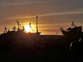 Silhouetten mehrerer Fischerboote im Hafen von Essaouira vor einem Sonnenuntergang mit wolkigem Himmel