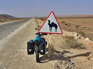 Verkehrsschild mit Kamel-Symbol an einer einsamen Straße in der Sahara neben einem beladenen Fahrrad